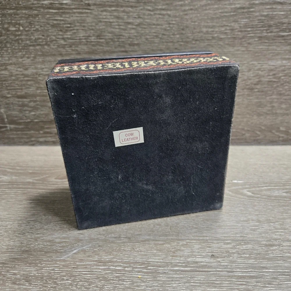 Vintage Embroidered Black Suede Cow Leather Jewelry Box 2 Tier Tray 6x5In